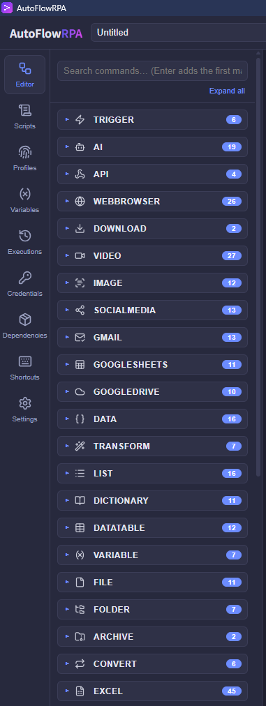 The grouped command palette