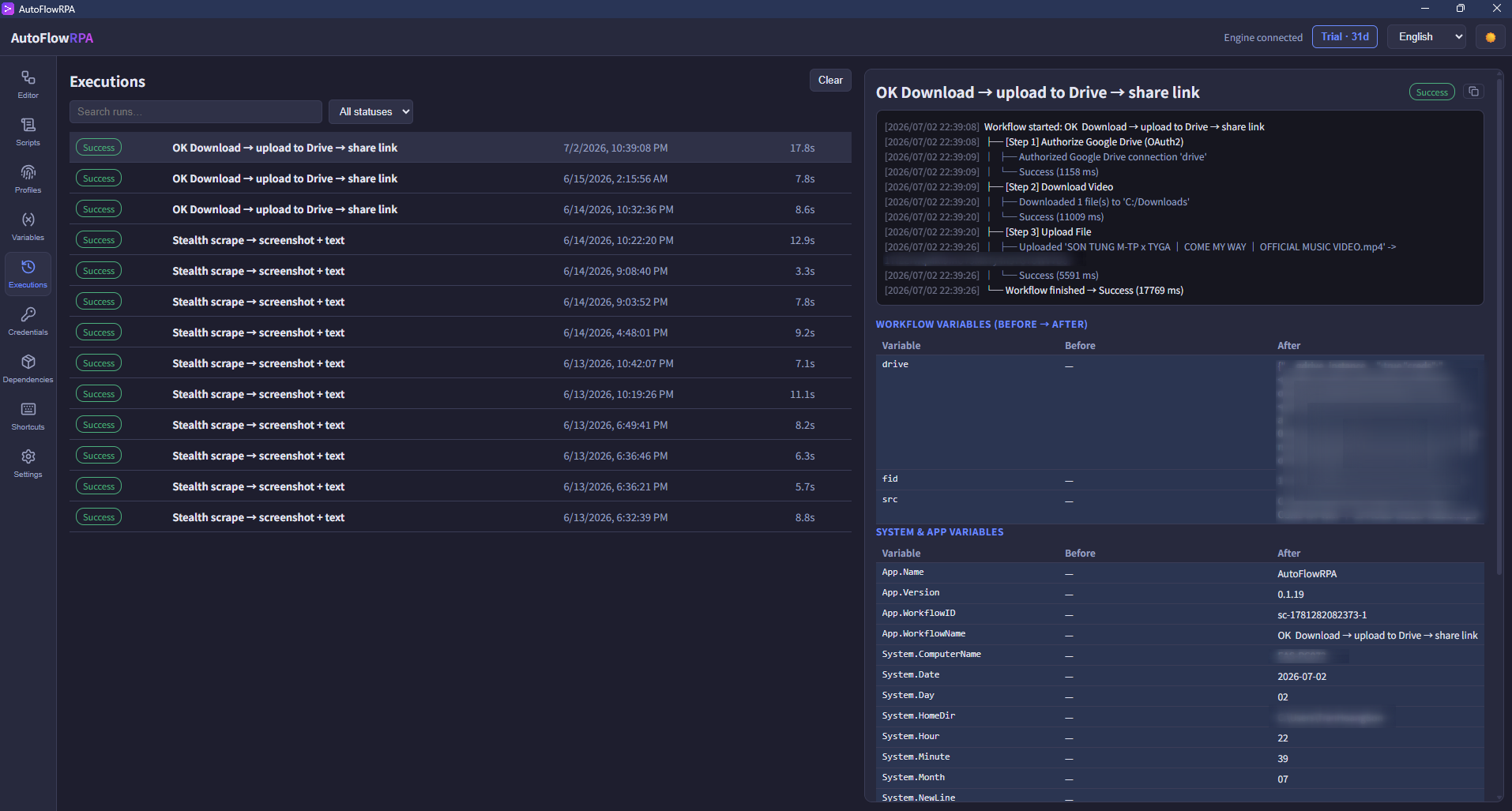 A run logged in AutoFlowRPA